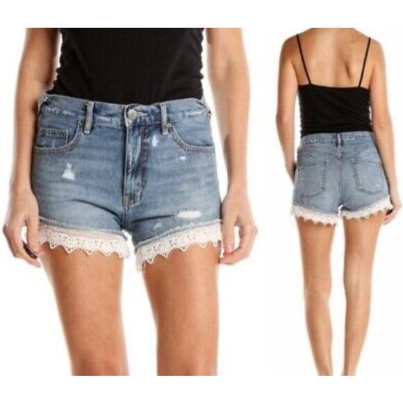 Free People Denim Lace Trim Shorts Distressed Blue Size 24 Boho Western - Picture 7 of 7